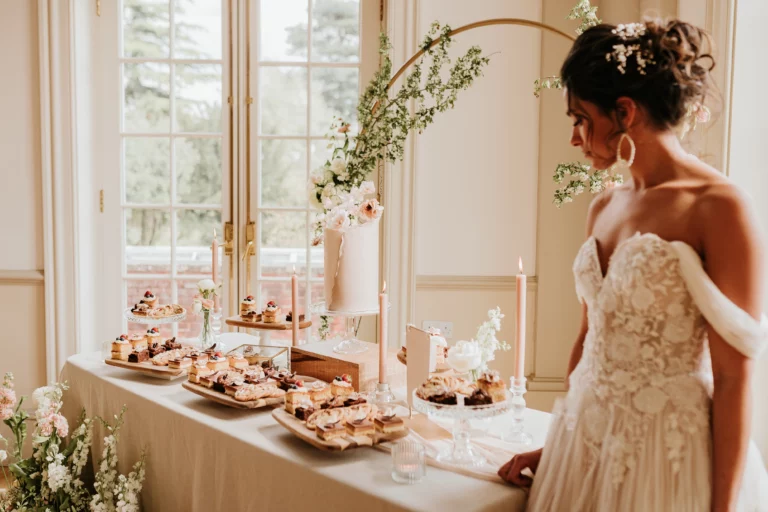 Wedding cake & dessert table set up by Chessy Bakery