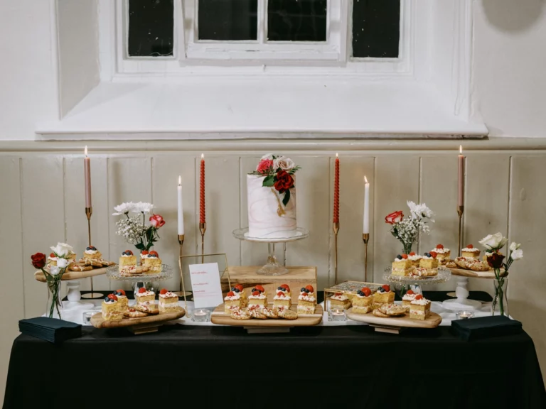 Wedding cake & dessert table set up by Chessy Bakery