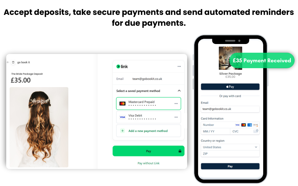 Secure payments and deposits for bridal hair stylists