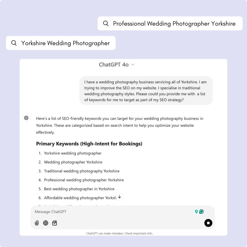 Screenshot of a chat with ChatGPT asking for SEO keywords for a wedding photographer based in Yorkshire.