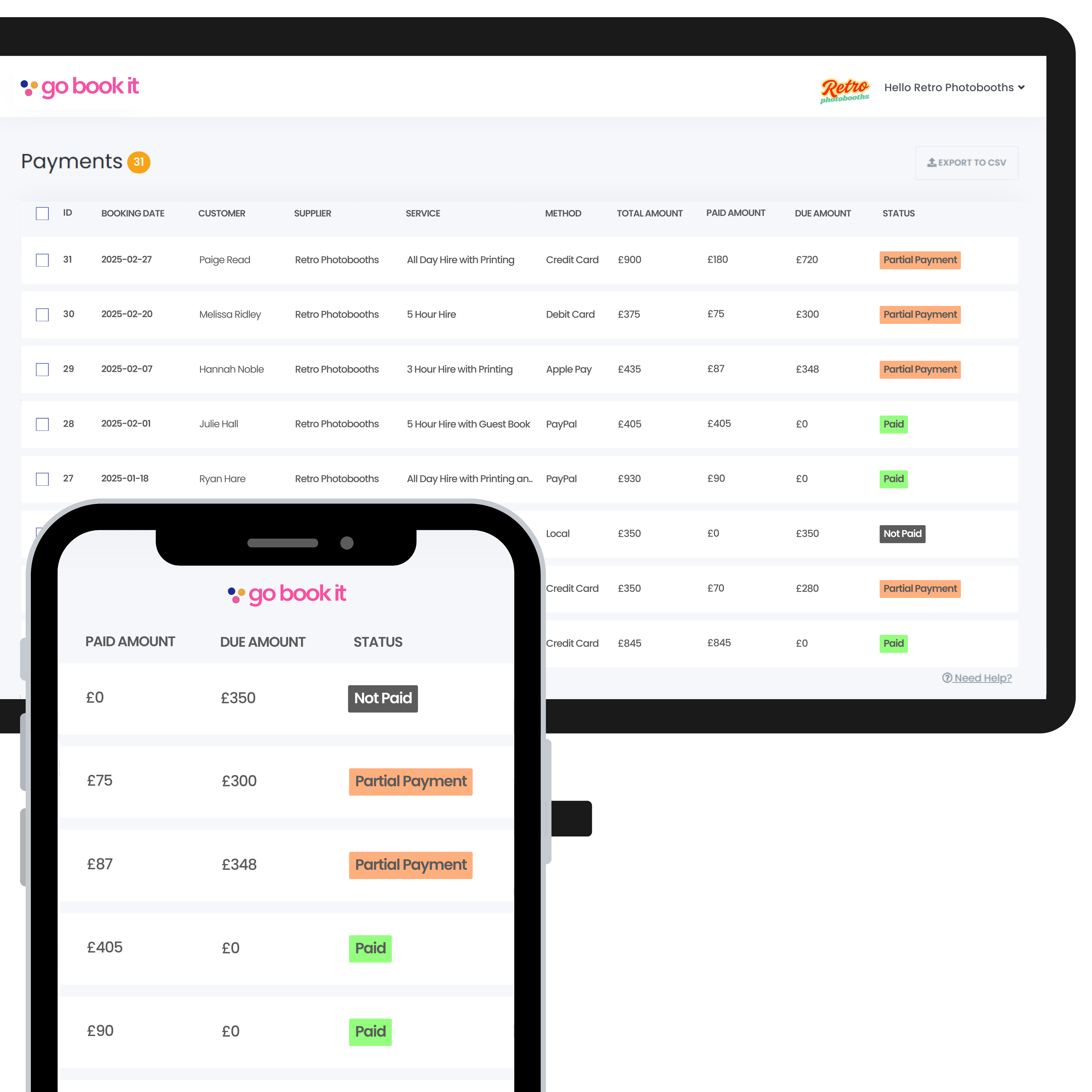 Go book it dashboard showing payment tracking