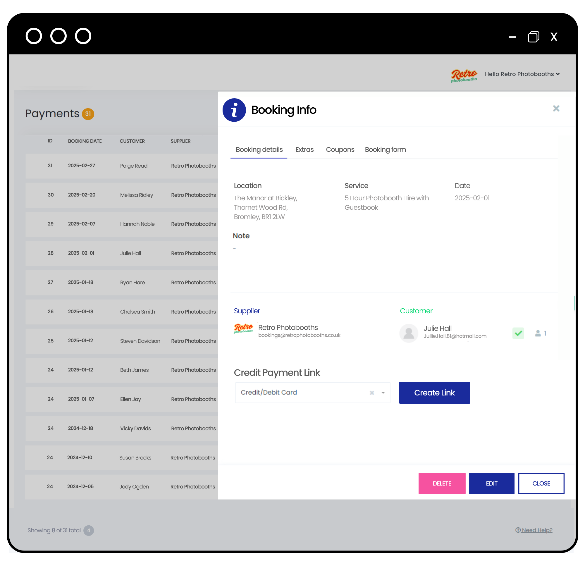 Go book it payments dashboard showing payment link being created for a booking